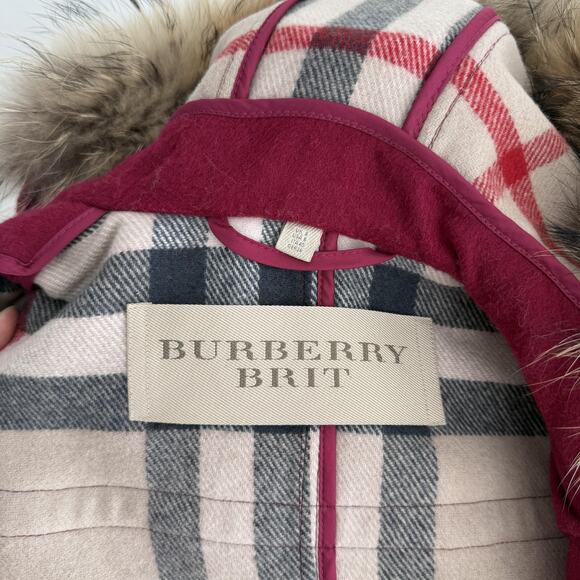 Burberry Brit Blackwell Coat Womens 8 Pink Wool Duffle Toggle Hooded Fur Trim - Picture 14 of 16